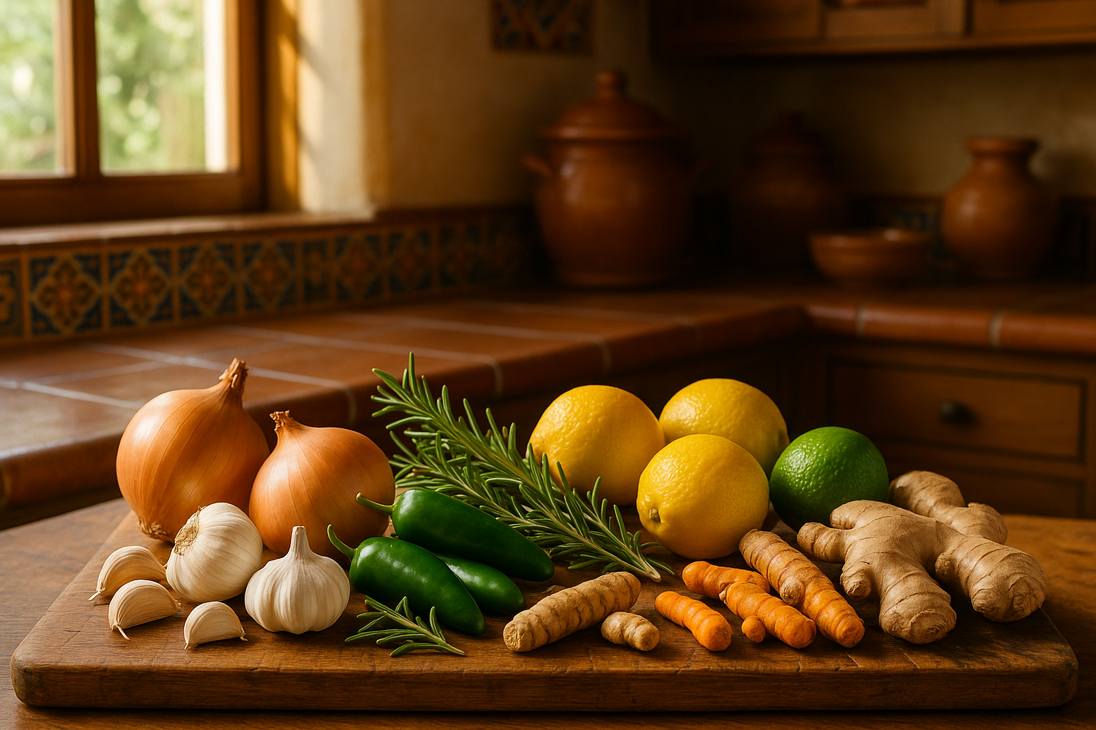 Hi res natural lighting photo of Latino kitchen with wooden cutting board and the following ingredients - onions, jalapenos, rosemary, garlic, lemons, limes, horseradish root, turmeric root, ginger