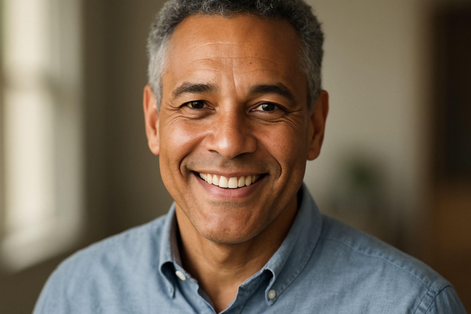 HI Res naturally lit close up shot of smiling, good looking Bi racial 50 something man in collared shirt   