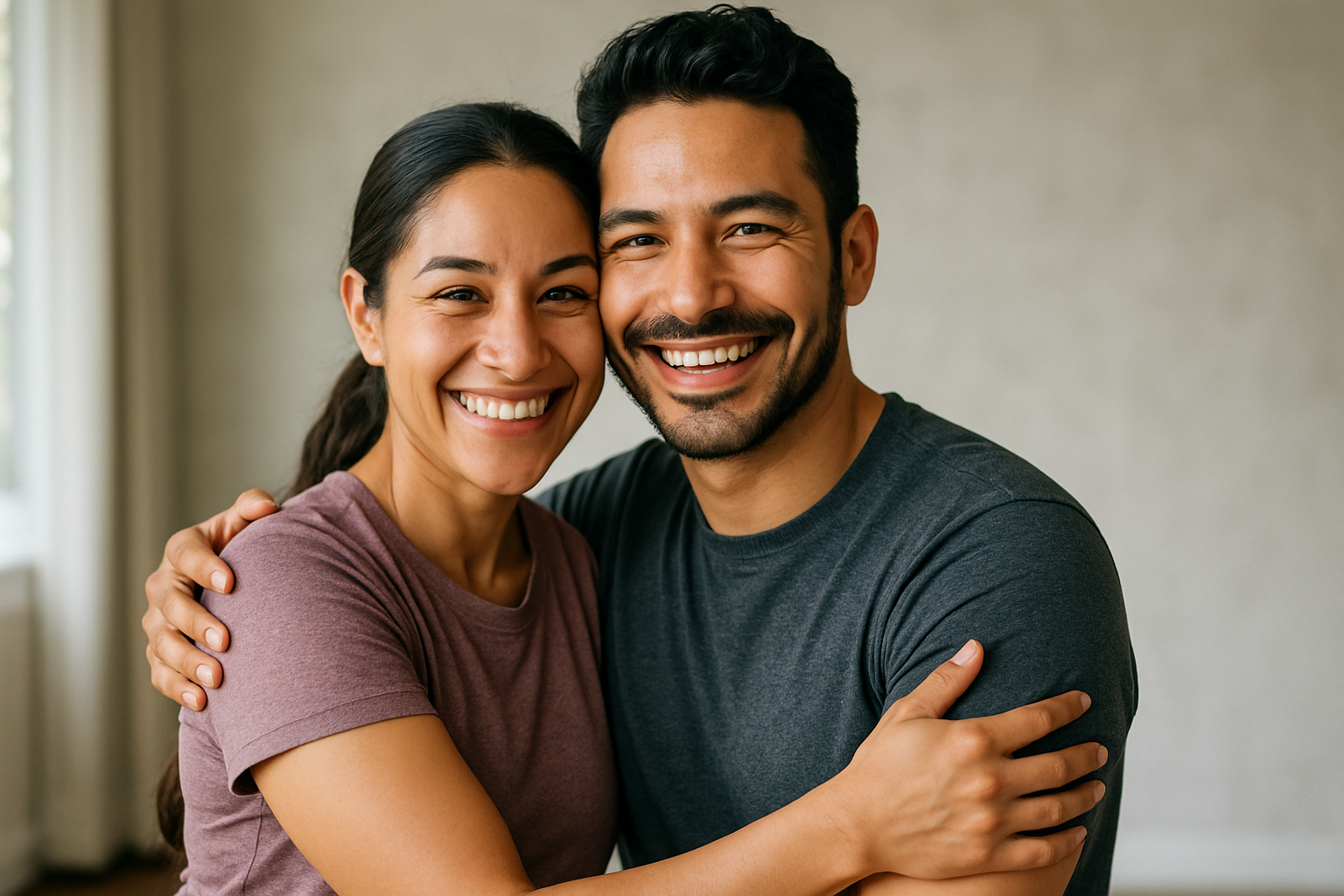 HI RES naturally lit Mexican American Spanish 30 something diverse couple dressed casual or athletic while smiling and embracing while looking with joyous wellness energy to camera