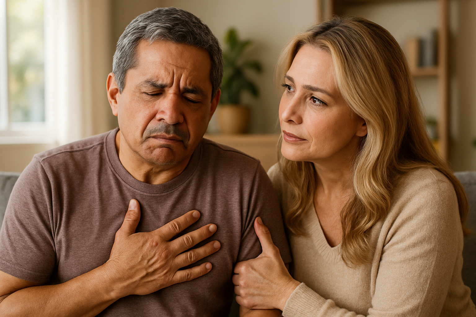 hi res naturally lit middle aged Latino couple with man grasping at chest from heartburn while naturally beautiful blonde haired wife consoles him to health